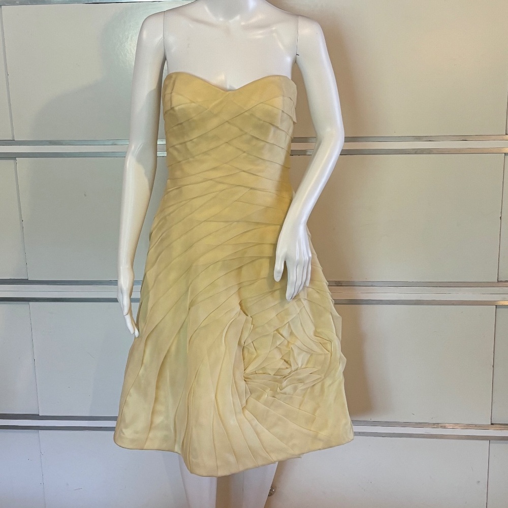 Carmen Marc Valvo Strapless Cocktail Tiered Ruffle Silk Dress Yellow Sz 6